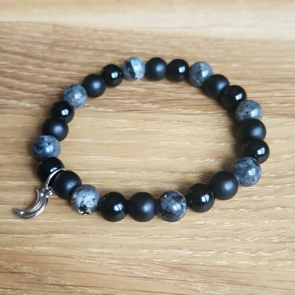 Gray Larvikite & Black Onyx Beaded Stretch Bracelet - Handmade